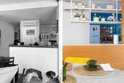 La conexión entre cocina y living-comedor ahora es a través de una barra con espacio de guardado de MDF enchapado en guindo con laca poliuretánica mate y se puso una estantería metálica en altura: funciona como regulador entre ambientes, deja la vista abierta y permite ubicar macetas y objetos. La conexión entre cocina y living-comedor ahora es a través de una barra con espacio de guardado de MDF enchapado en guindo con laca poliuretánica mate y se puso una estantería metálica en altura: funciona como regulador entre ambientes, deja la vista abierta y permite ubicar macetas y objetos.