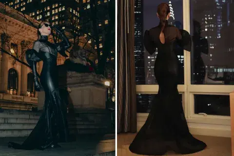 . El vestido creado por la firma argentina Ramírez estaba confeccionado en organza de seda natural, en la parte superior, y en la inferior, una falda sirena, con un género símil al cuero que marcaba la figura de Oreiro a la perfección. . El vestido creado por la firma argentina Ramírez estaba confeccionado en organza de seda natural, en la parte superior, y en la inferior, una falda sirena, con un género símil al cuero que marcaba la figura de Oreiro a la perfección.