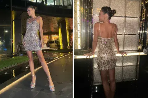 Pampita eligió un vestido corto con escote pronunciado en V, breteles con detalle de pedrería bordada a mano, de Monofuck Pampita eligió un vestido corto con escote pronunciado en V, breteles con detalle de pedrería bordada a mano, de Monofuck