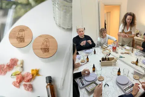 Elementos para fabricar velas y un taller de velas en funcionamiento, con mujeres aprendiendo.