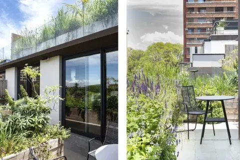 Barandas de vidrio que dejan que las plantas se vean desde el piso de abajo. En el balcón de la cocina, un sector para transitar donde se ubicó una pequeña mesa a la sombra de un fumo bravo. Barandas de vidrio que dejan que las plantas se vean desde el piso de abajo. En el balcón de la cocina, un sector para transitar donde se ubicó una pequeña mesa a la sombra de un fumo bravo.