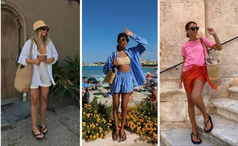 Tres mujeres usando ojotas en la playa Tres mujeres usando ojotas en la playa