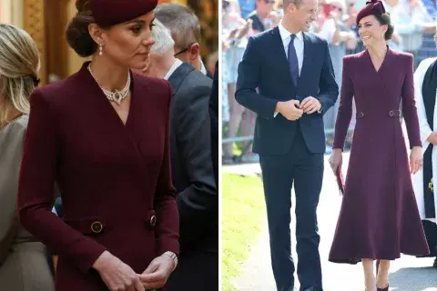 La segunda propuesta se trató de un vestido tipo abrigo en tono burdeos de la firma Epinone London La segunda propuesta se trató de un vestido tipo abrigo en tono burdeos de la firma Epinone London