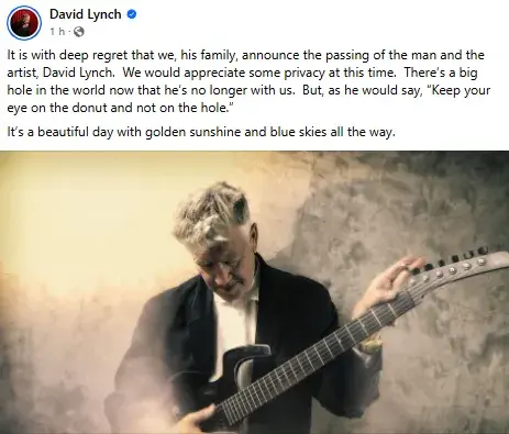 Comunicado en Facebook sobre el fallecimiento de David Lynch. Comunicado en Facebook sobre el fallecimiento de David Lynch.