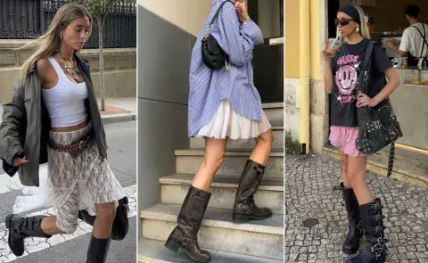 Tres mujeres usando botas bikers con pollera