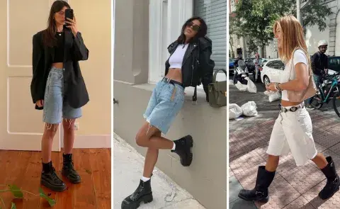 Tres mujeres usando borcegos y bermudas Tres mujeres usando borcegos y bermudas