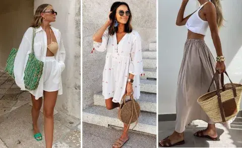Tres mujeres usando zapatos bajos para ir a la playa Tres mujeres usando zapatos bajos para ir a la playa