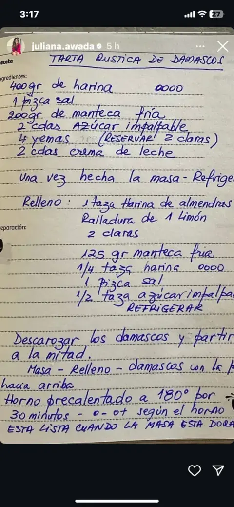 La receta de tarta de damascos de Juliana Awada La receta de tarta de damascos de Juliana Awada
