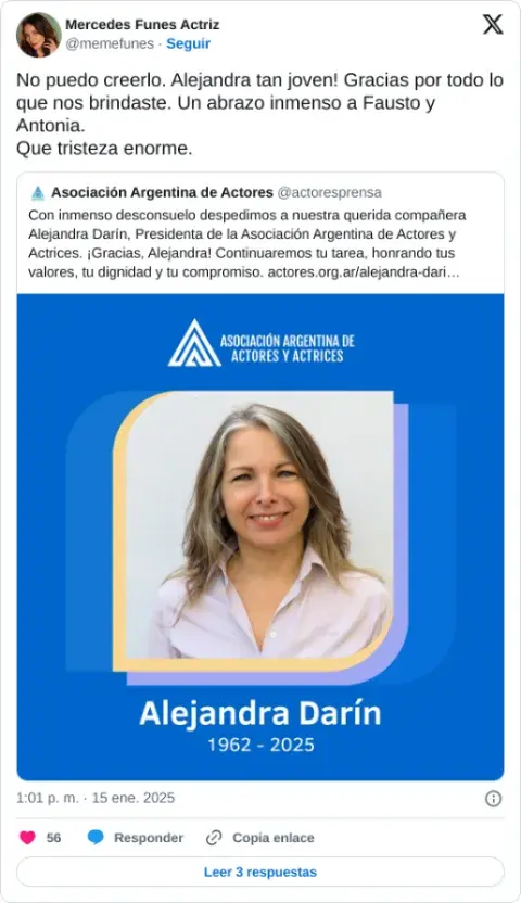 Tweet de la actriz Mercedes Funes. Tweet de la actriz Mercedes Funes.