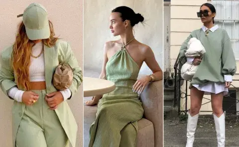 tres mujeres usando prendas de color matcha tres mujeres usando prendas de color matcha