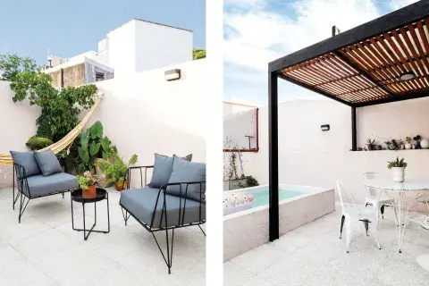 Los muebles son con base de hierro y la mesa redonda lleva tapa de terrazo. Los sillones son vintage y se reciclaron Los muebles son con base de hierro y la mesa redonda lleva tapa de terrazo. Los sillones son vintage y se reciclaron