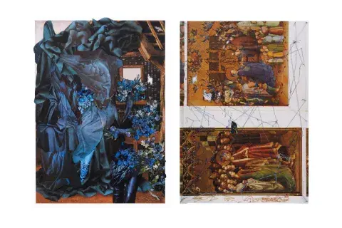 Frente y dorso de C #138 (Lochner 97, Codex, 1964 / Versace Fall Winter, 2001 / Plantas y Flores, Sarpe, 1980). Montada sobre una página doble y mantos azules de la pintura “La Adoración del Niño”, mezcla pantalones del catálogo de Versace Fall Winter, 2001 con diversas fotografías de flores. Frente y dorso de C #138 (Lochner 97, Codex, 1964 / Versace Fall Winter, 2001 / Plantas y Flores, Sarpe, 1980). Montada sobre una página doble y mantos azules de la pintura “La Adoración del Niño”, mezcla pantalones del catálogo de Versace Fall Winter, 2001 con diversas fotografías de flores.