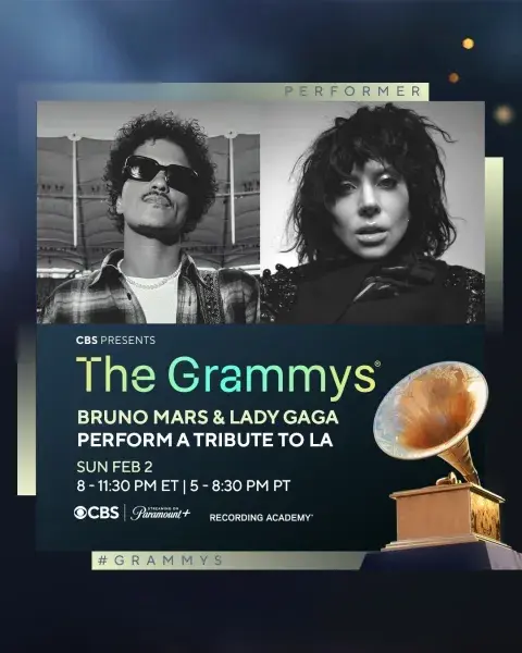 Poster del tributo a Los Ángeles a cargo de Lady Gaga y Bruno Mars, en los Grammys 2025. Poster del tributo a Los Ángeles a cargo de Lady Gaga y Bruno Mars, en los Grammys 2025.