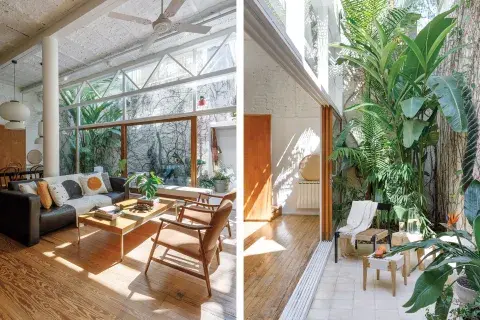 Junto al piso y las paredes, los muebles de madera combinan a la perfección con el verde de las plantas. Junto al piso y las paredes, los muebles de madera combinan a la perfección con el verde de las plantas.