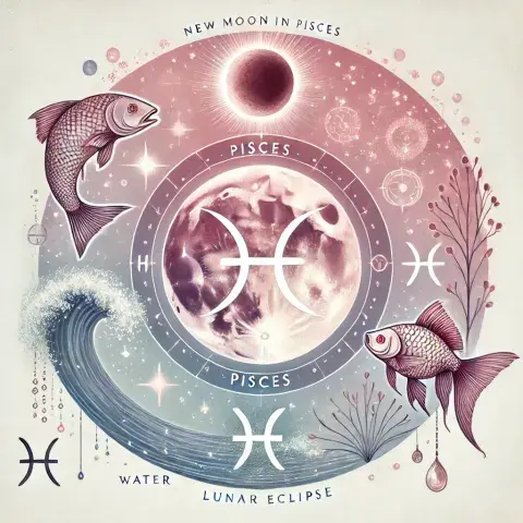 El símbolo de Piscis, rodeado de peces y agua, y una Luna Nueva. El símbolo de Piscis, rodeado de peces y agua, y una Luna Nueva.