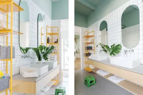 Para el baño de los más chicos, en planta alta, se usó microcemento en los pisos, de modo tal de no generar una carga extra sobre la losa Para el baño de los más chicos, en planta alta, se usó microcemento en los pisos, de modo tal de no generar una carga extra sobre la losa