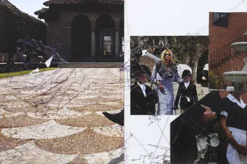 La obra está montada sobre el catálogo 40, Versace Fall Winter, 2001. En el reverso se ve una producción de moda en la Mansión Playboy, con fotos de Steven Meisel. El collage se compone con imágenes del mismo catálogo que se integran a fragmentos de distintos fascículos de la Gran Enciclopedia Sarpe Plantas y Flores, 1980 y vegetación del acantilado de Corfú extraídos de Los continentes, Europa, Seix Barral, 1966. La obra está montada sobre el catálogo 40, Versace Fall Winter, 2001. En el reverso se ve una producción de moda en la Mansión Playboy, con fotos de Steven Meisel. El collage se compone con imágenes del mismo catálogo que se integran a fragmentos de distintos fascículos de la Gran Enciclopedia Sarpe Plantas y Flores, 1980 y vegetación del acantilado de Corfú extraídos de Los continentes, Europa, Seix Barral, 1966.