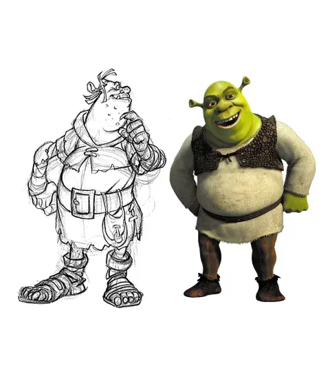 Primeros bocetos de personajes de la primera película de Shrek. Primeros bocetos de personajes de la primera película de Shrek.