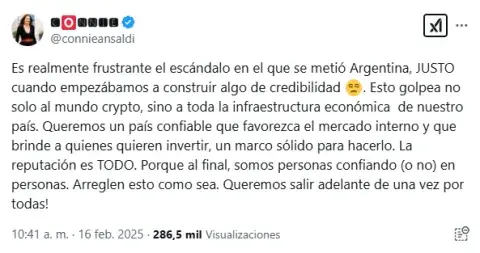 Captura dEl tweet de Connie Ansaldi sobre el escándalo de $Libra. Captura dEl tweet de Connie Ansaldi sobre el escándalo de $Libra.