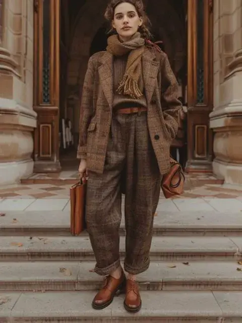 El marrón es uno de los tonos del 2025. En este caso, un total look con distintos tipos de marrón.
