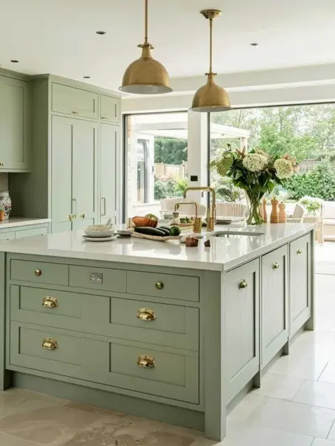 En este caso, la isla de madera de color verde menta y la tapa de silestone En este caso, la isla de madera de color verde menta y la tapa de silestone