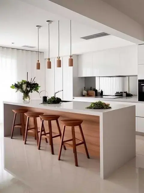 Una isla totalmente blanca combinada con madera Una isla totalmente blanca combinada con madera