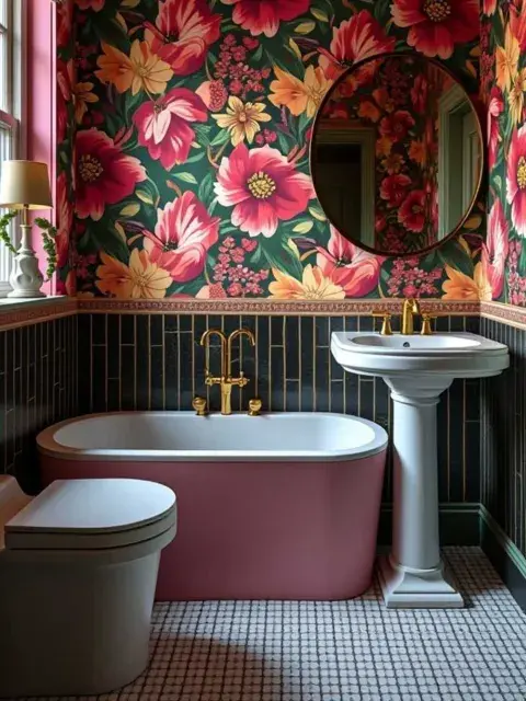 Finalmente, tenemos una propuesta full color: bañera redonda en rosa, paredes empapeladas con flores y griferia dorada Finalmente, tenemos una propuesta full color: bañera redonda en rosa, paredes empapeladas con flores y griferia dorada