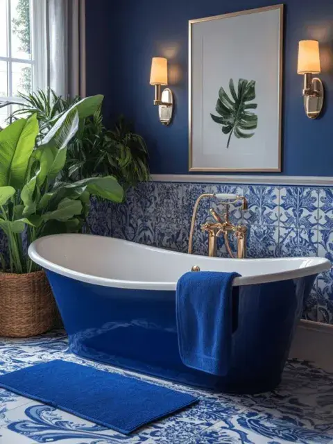 Un baño en donde el color azul está en primer plano con una bañera que se lleva todas las miradas Un baño en donde el color azul está en primer plano con una bañera que se lleva todas las miradas