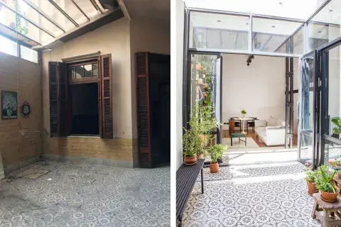 El cerramiento a medida se alinea con las columnas de hierro que descubrieron tras demoler la pared. Durante la obra retiraron el piso calcáreo para restaurarlo y volver a colocarlo. El cerramiento a medida se alinea con las columnas de hierro que descubrieron tras demoler la pared. Durante la obra retiraron el piso calcáreo para restaurarlo y volver a colocarlo.