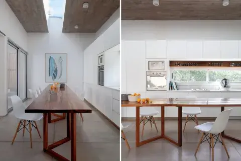 Mesa de lapacho tratado con laca de tres componentes (Etchegaray-Ramos Mejía). La obra de la artista Mili D’Aiello en acuarela hecha con tintes naturales. La raja en el techo de hormigón le da luz natural a la mesa y enfatiza la disposición longitudinal del espacio. 