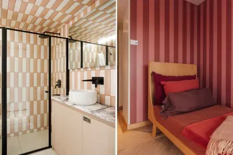 Pía Magri estampa las rayas y cuadros en las paredes, con azulejos en el baño y empapelado para el cuarto.