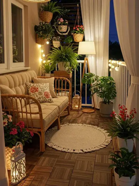 Sillón de mimbre recuperado con lámparas estratégicamente colocadas más cortinas. Todo suma en un ambiente que recobra vida 