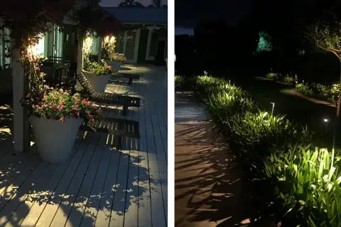 A la izquierda, el verde realzado por las luminarias tipo estaca "SVL", diseño de Amsel, que dan luz de arriba hacia abajo para evitar el encandilamiento, crear un ambiente mágico, y evitar que se note su presencia durante el día A la izquierda, el verde realzado por las luminarias tipo estaca "SVL", diseño de Amsel, que dan luz de arriba hacia abajo para evitar el encandilamiento, crear un ambiente mágico, y evitar que se note su presencia durante el día