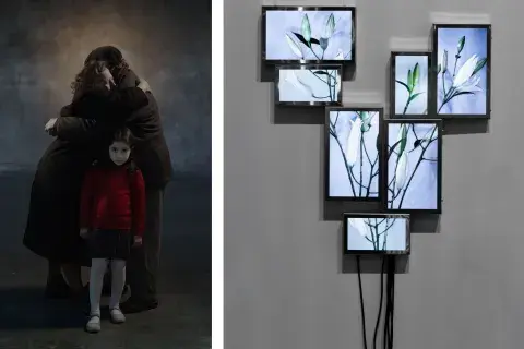 A la izquierda, la videoinstalación "Escena de trabajo" de Gabriela Golder. A la derecha, " La vida secreta de las flores" de Julieta Tarraubella.