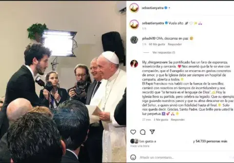 Sebastián Yatra recordó al Papa en su cuenta de Instagram