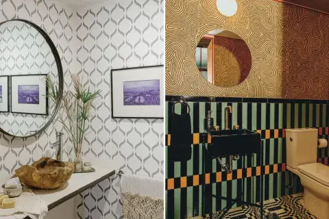 A la izquierda, un patrón de rombos redondeados en la casa del diseñador de muebles Javier Zaldívar. A la derecha, las curvas hipnóticas de Eme Carranza conviven en armonía con los azulejos.