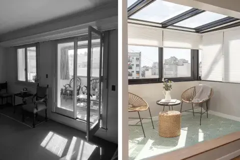 Carpinterías de aluminio y DVH (Alumdesign), cortinas 'Duette' Sunscreen (Hunter Douglas). El desnivel y el piso calcáreo (Terra Calcáreos) delimitan el nuevo ambiente. 