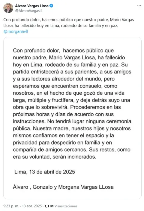 El comunicado de Álvaro Vargas Llosa informando la muerte de su padre, Mario Vargas Llosa. El comunicado de Álvaro Vargas Llosa informando la muerte de su padre, Mario Vargas Llosa.