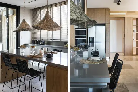 Muebles de cocina de Arquimadera, mesadas en Silestone ‘Gris Expo’ (Ragolia) y banquetas (Increa). Luminarias (Fábrica de Luz). Muebles de cocina de Arquimadera, mesadas en Silestone ‘Gris Expo’ (Ragolia) y banquetas (Increa). Luminarias (Fábrica de Luz).