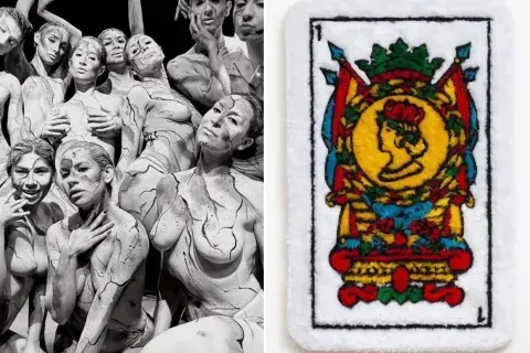 A la izquierda, la obra de Sol Agterberg, creadora de un banquete performático. A la derecha, el naipe bordado de Geronimo Araquistain.