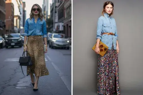 Con faldas lisas o estampadas, las camisas de jean siempre son un sí absoluto en los looks femeninos