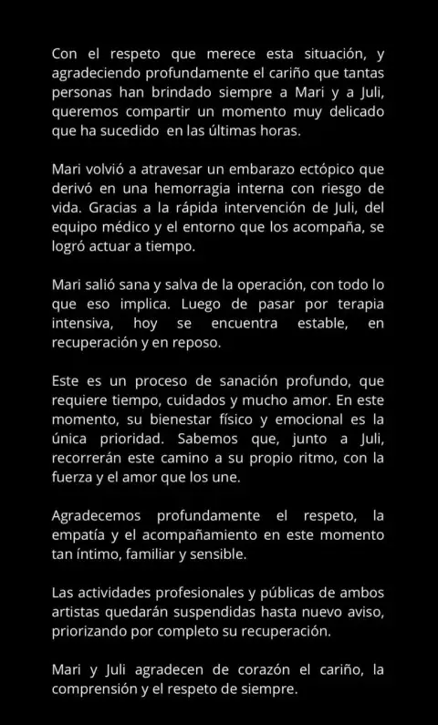 En la cuenta de Instagram, su equipo publicó un comunicado para aclarar su estado de salud