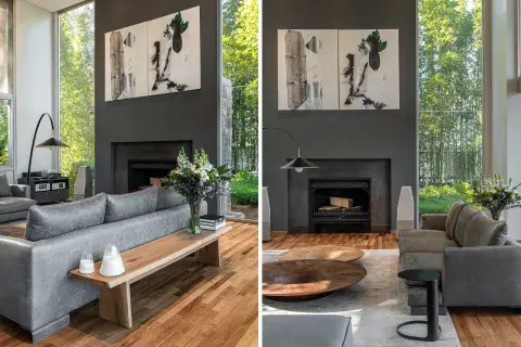 Juego de sillones en cuero gris. La lámpara aporta calidez y la alfombra enmarca el espacio. Juego de sillones en cuero gris. La lámpara aporta calidez y la alfombra enmarca el espacio.