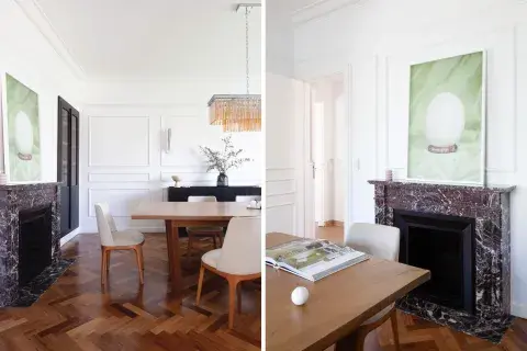 Por su color, el hogar que tiene uso intensivo en invierno, dialoga con el nuevo vajillero y el mueble. Por su color, el hogar que tiene uso intensivo en invierno, dialoga con el nuevo vajillero y el mueble.