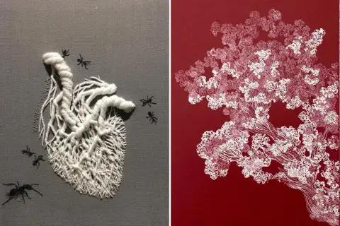 A la izquierda, Arraigo de Laura Ramírez García. A la derecha una de las piezas de la serie Ojalá, de la artista Mariana Jasper. A la izquierda, Arraigo de Laura Ramírez García. A la derecha una de las piezas de la serie Ojalá, de la artista Mariana Jasper.