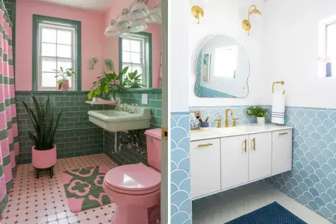 Baños con colores protagonistas donde el blanco queda en el olvido