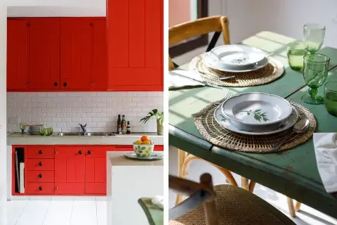 Mesada de microcemento gris y revestimiento Subway. Los muebles de madera son los originales, hoy pintados de rojo shocking. Mesada de microcemento gris y revestimiento Subway. Los muebles de madera son los originales, hoy pintados de rojo shocking.