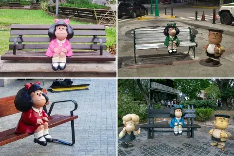 Distintos "looks" de Mafalda según el destino. De izquierda a derecha y arriba a abajo: en Tucumán, Caracas, Madrid y Mendoza. Distintos "looks" de Mafalda según el destino. De izquierda a derecha y arriba a abajo: en Tucumán, Caracas, Madrid y Mendoza.