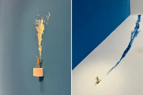Los "muñequitos" que usa Porter en sus instalaciones interactúan con el entorno como forma de impacto catastrófico y también como reparación. Los "muñequitos" que usa Porter en sus instalaciones interactúan con el entorno como forma de impacto catastrófico y también como reparación.