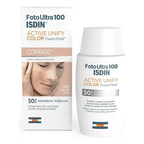 Foto Ultra Active Unify de Isdin: este producto tiene más de una función al tener filtros UVA UVB, ingredientes que aclaran las manchas de tu piel y cubre como una base.